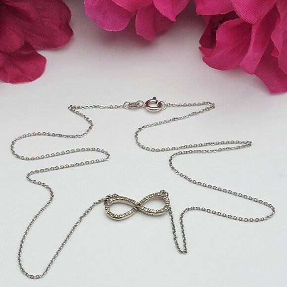 Diamond Infinity Pendant Chain Necklace 20" Sterling Silver 925 Vtg. Signed WTJ - Picture 1 of 8